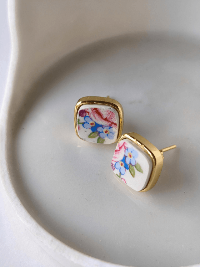 Boucles d'oreilles carrées - faience - Sarreguemines - no.5