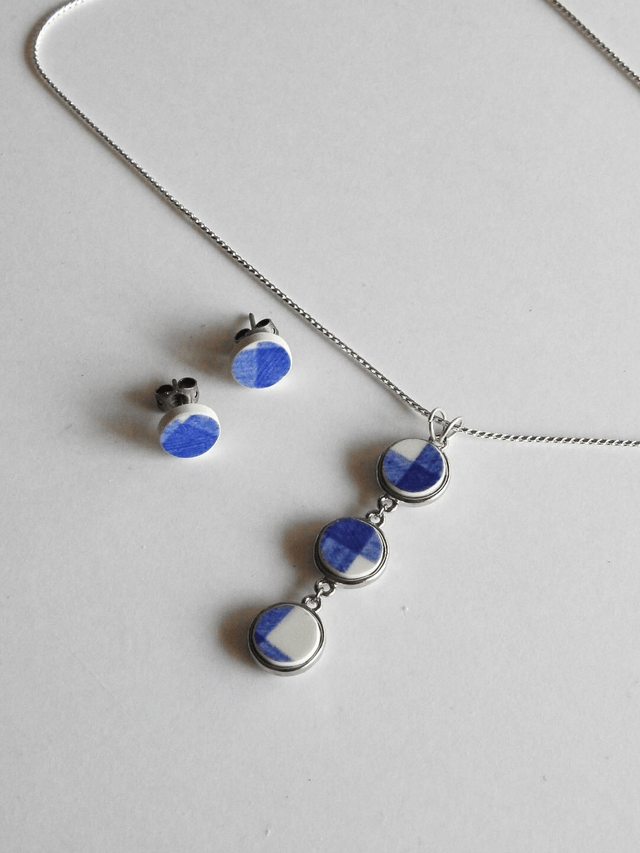 Parure - boucles d'oreilles + pendentif - motif vichy